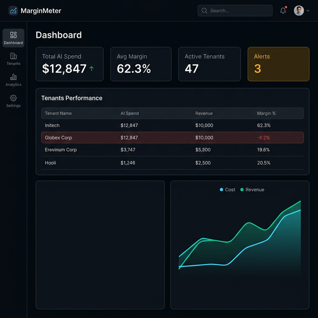 MarginMeter Dashboard — per-tenant AI cost attribution with margin analysis